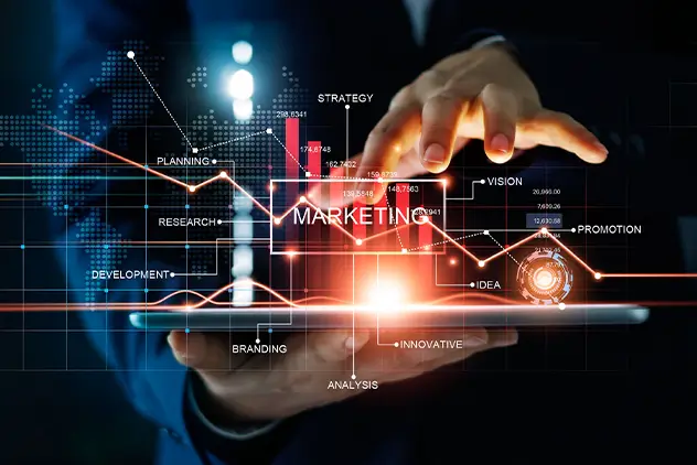 m&a advisor holding tablet out with marketing words displayed